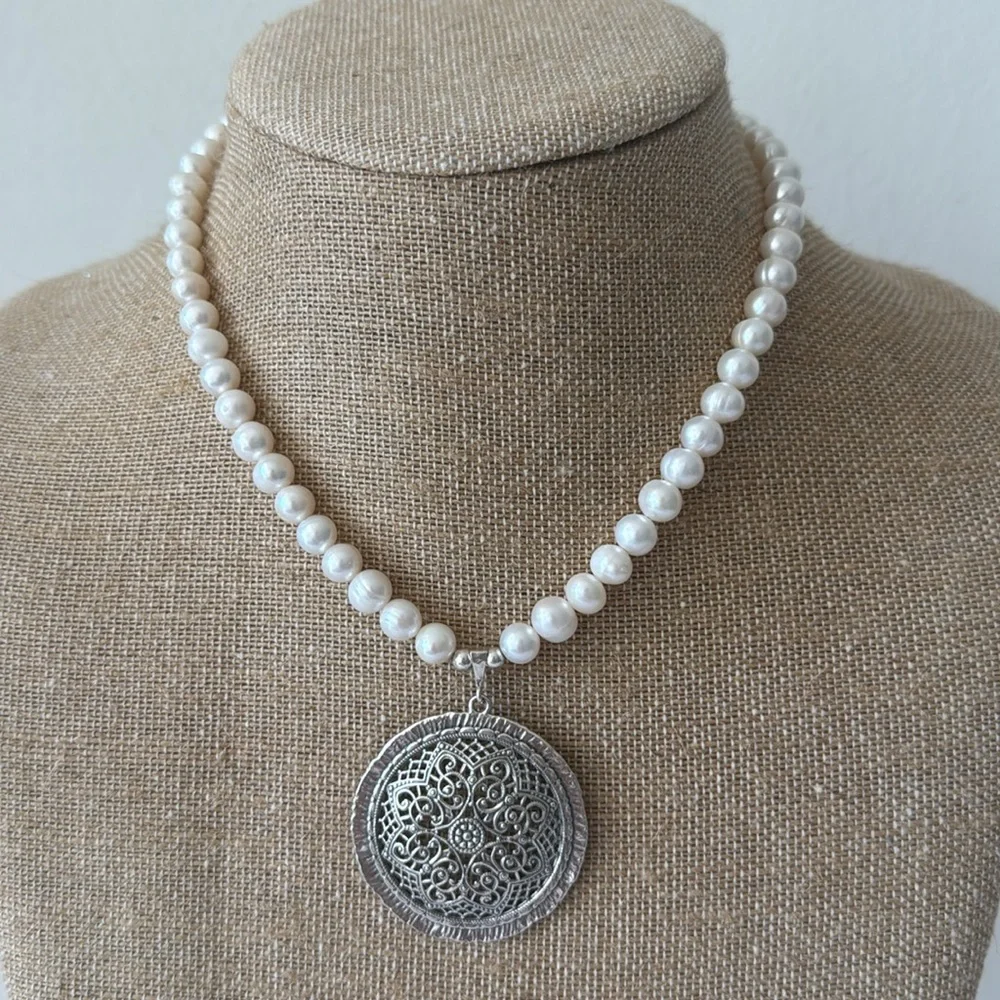 Freshwater White Pearl Necklace with 925 Sterling Silver Round Filigree Pendant